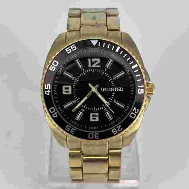 Unlisted Men's Watch Gold & Black Tone Dial Gold Tone Band NEW BATTERY RUNS!