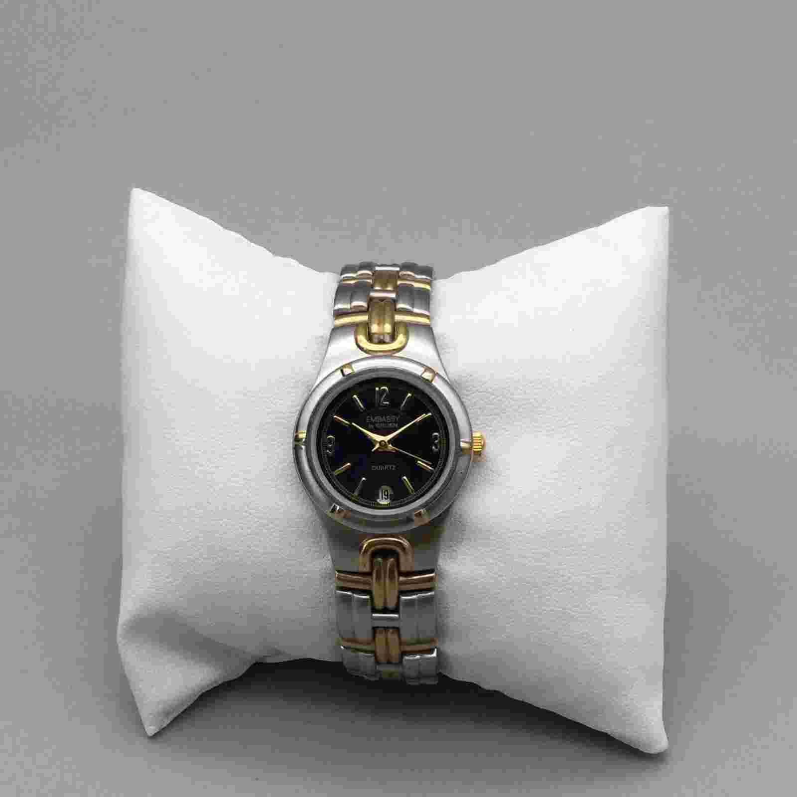 Embassy Gruen Watch Women 25mm Silver Gold Tone Black Dial New Battery 6.25"