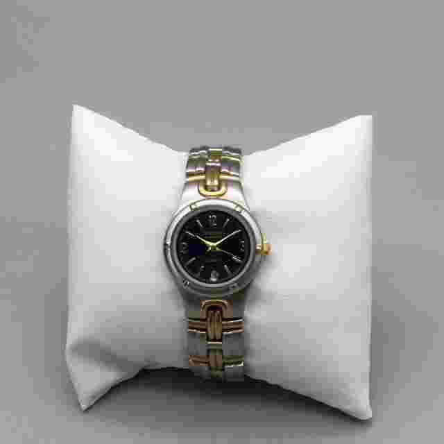 Embassy Gruen Watch Women 25mm Silver Gold Tone Black Dial New Battery 6.25"