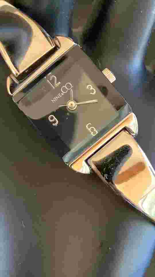 Nine & Co Analog Wristwatch Silver Tone Band Rectangular Black Face New BATTERY