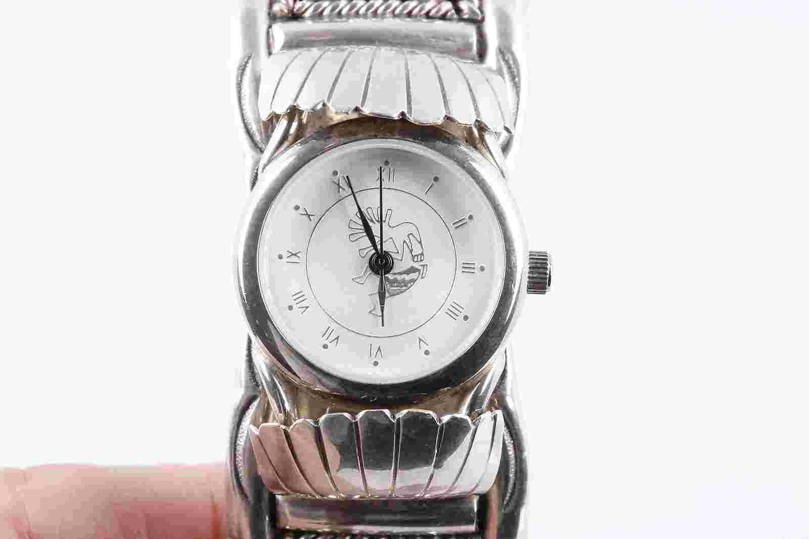 MC KOKOPELLI STERLING SILVER RED CORAL CUFF BRACELET WRISTWATCH  7148