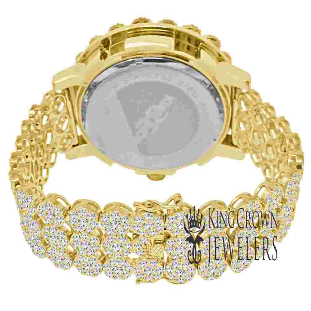 Roman Face Mens Khronos Watch Yellow Gold Tone Diamond Flower Bezel Band Watch