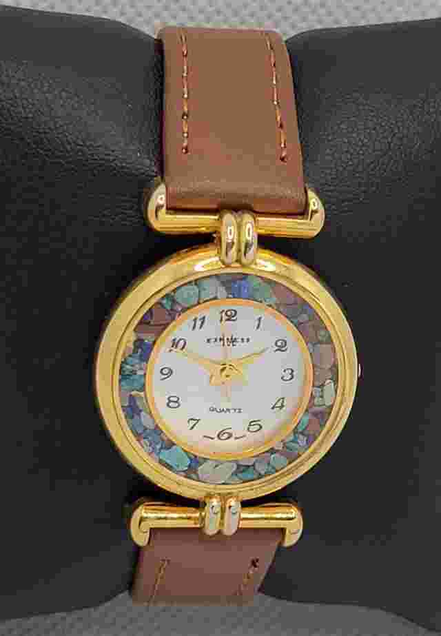Ladies L.A. Express Gold Tone Prismatic Rock Chip Bezel Brown Leather Watch K1