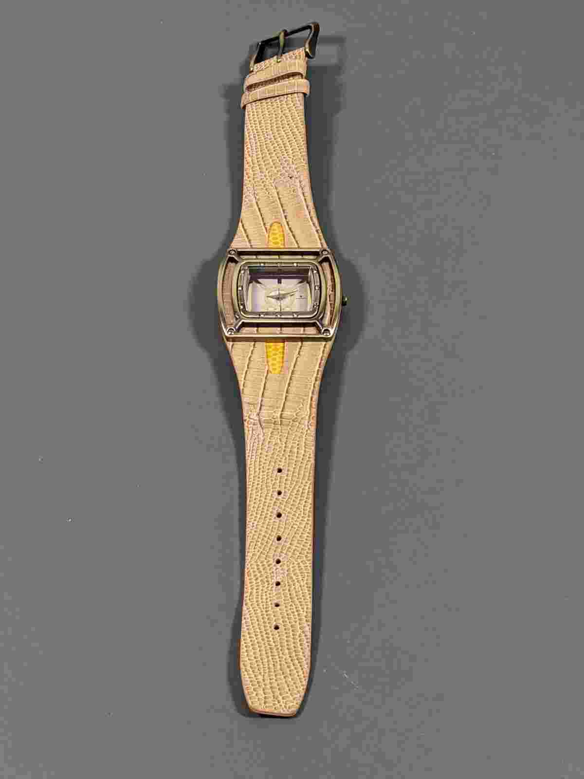 Tavan Gold Tone Rectangle Dial Brown Leather Band Womens Watch Crystal Accent