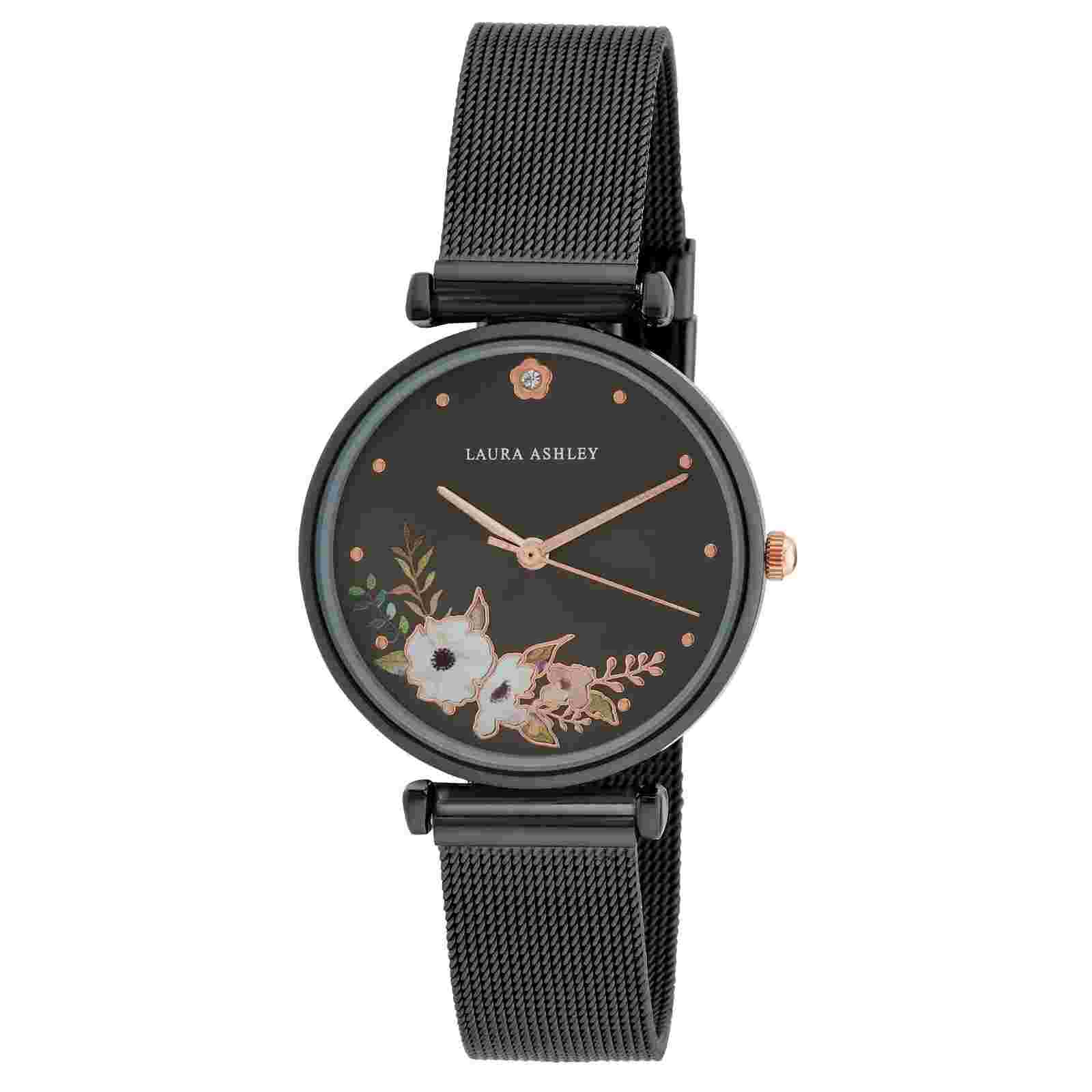 Laura Ashley Womens 32mm Engraved Floral Printed Mesh Strap Watch (LA2071)