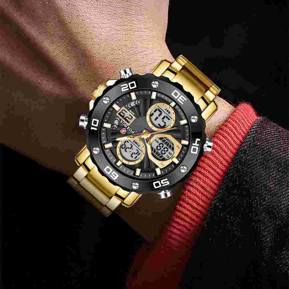 FOXBOX Men Blue Watches Top Brand Steel Wristwatch Military Digital Quartz Watch