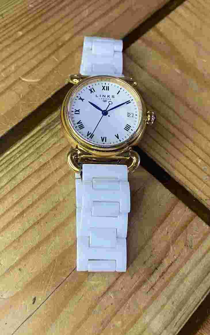 Ladies Genuine Links Of London Stainless Steel Gold Tone Watch White Metal Strap