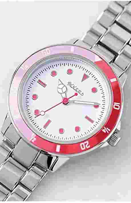 Tikkers Girls Wristwatch with Chrome Bracelet Strap and Pink And Red Bezel