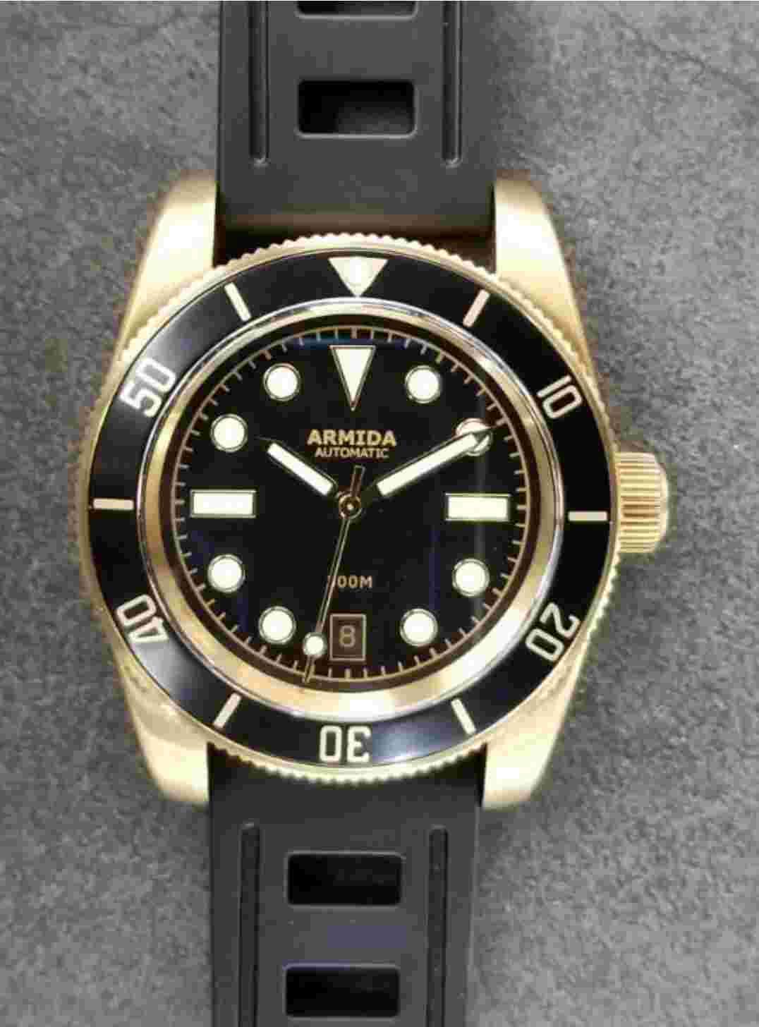 Armida A8 vintage brass dive watch black  date   Shipped from USA
