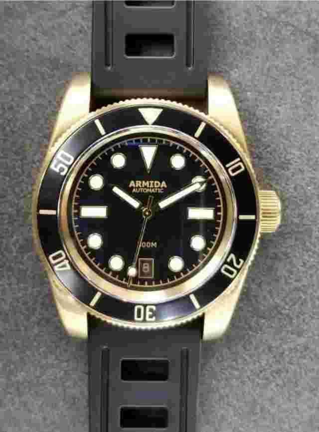 Armida A8 vintage brass dive watch black  date   Shipped from USA