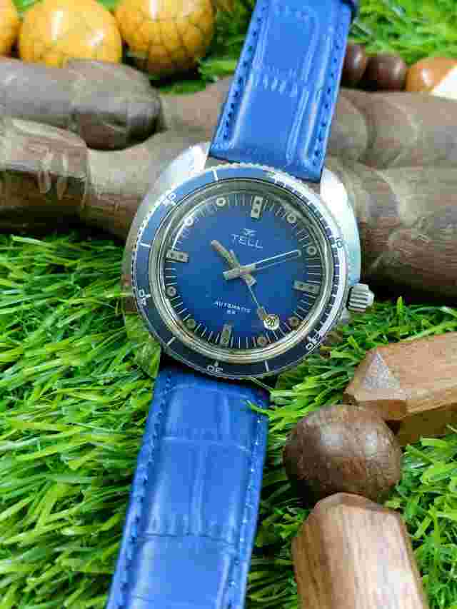 TELL SWISS AUTOMATIC 25 JEWELS BLUE DIAL MEN'S MINT DIVER VINTAGE