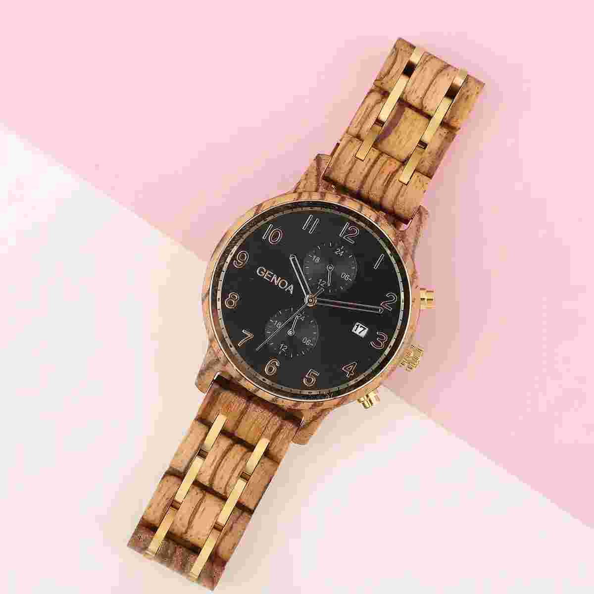 Genoa Japanese Movement Multi Function Watch with Stainless Steel and Zebra Wood