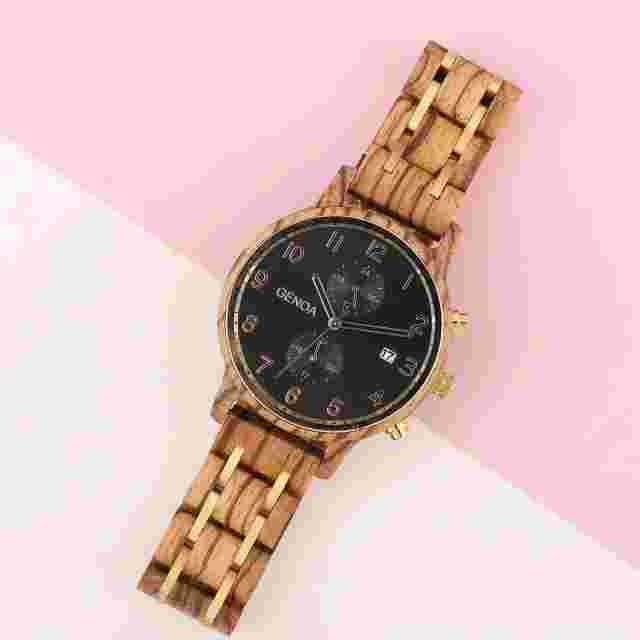 Genoa Japanese Movement Multi Function Watch with Stainless Steel and Zebra Wood
