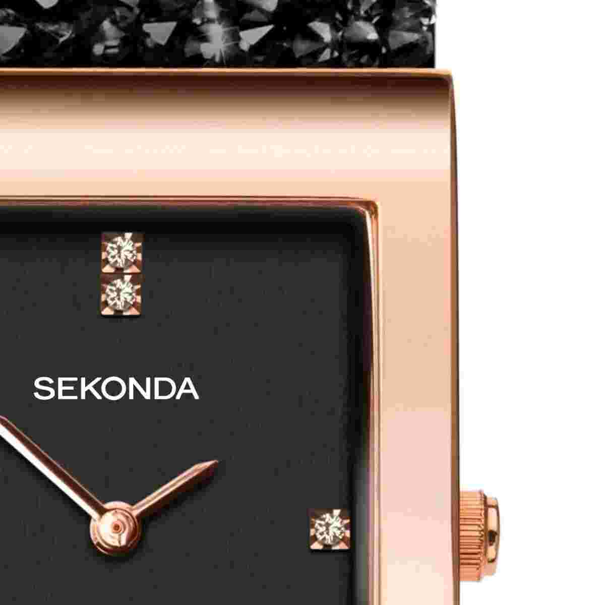 Seksy Rocks Ladies Stone Set Black Leather Strap Watch 2581