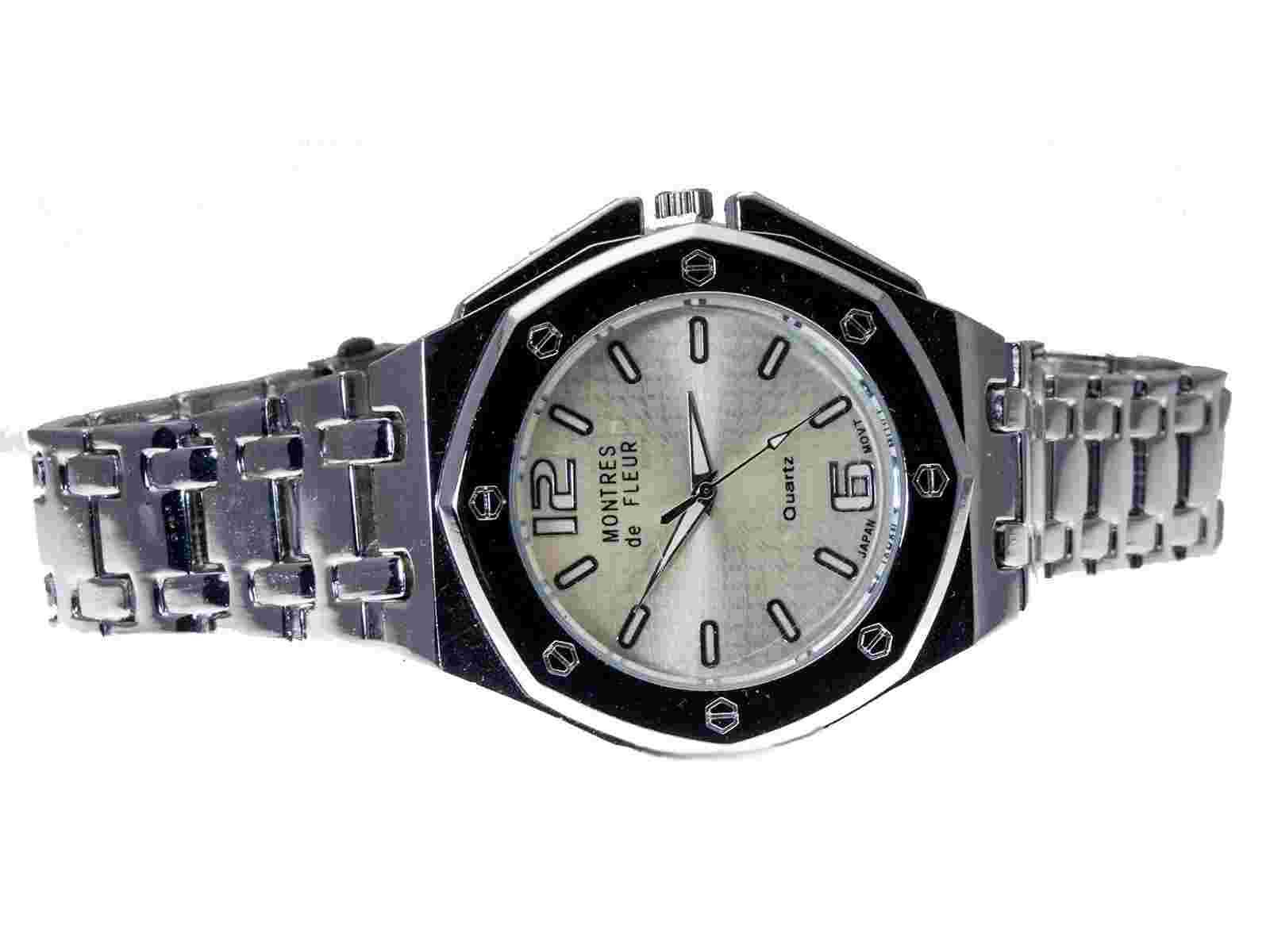 MONTRES de FLEUR: STAINLESS STEEL  METAL BAND SILVER FACE ANALOG QUARTZ WATCH