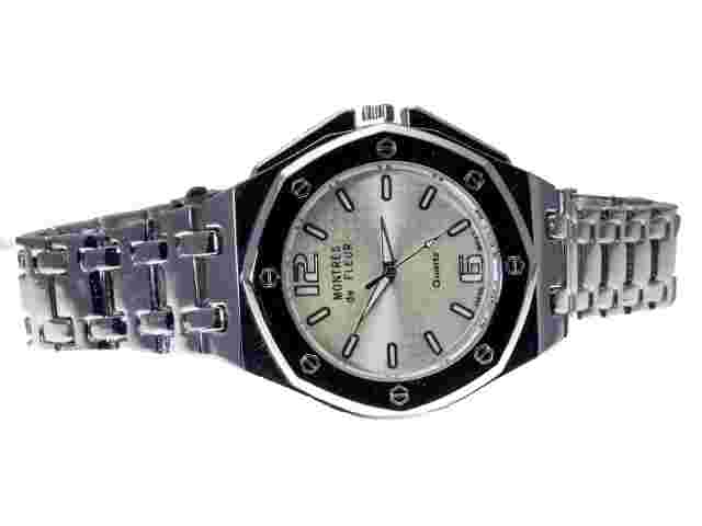 MONTRES de FLEUR: STAINLESS STEEL  METAL BAND SILVER FACE ANALOG QUARTZ WATCH