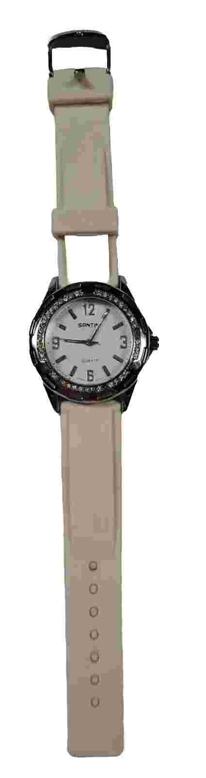Santini Women's 9.5" Silvertone Watch Cream Rubber Band New Battery