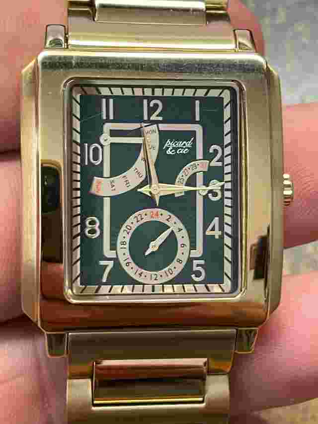NIB PICARD & CIE mens WATCH Green Gold 285306STG Stainless DAY DATE 12 & 24 Hour