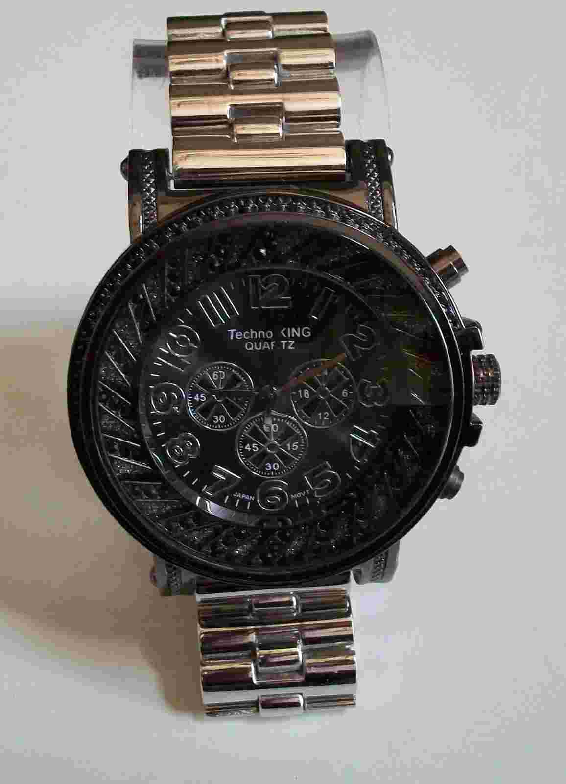 Men's stone black hematite & silver finish bracelet fashion dressy hip hop watch