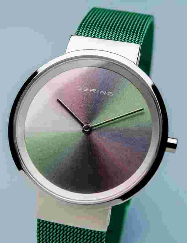 Bering Time - Ladies Watch Silver-Tone Case w/ Multicolor Dial & Green Mesh Band