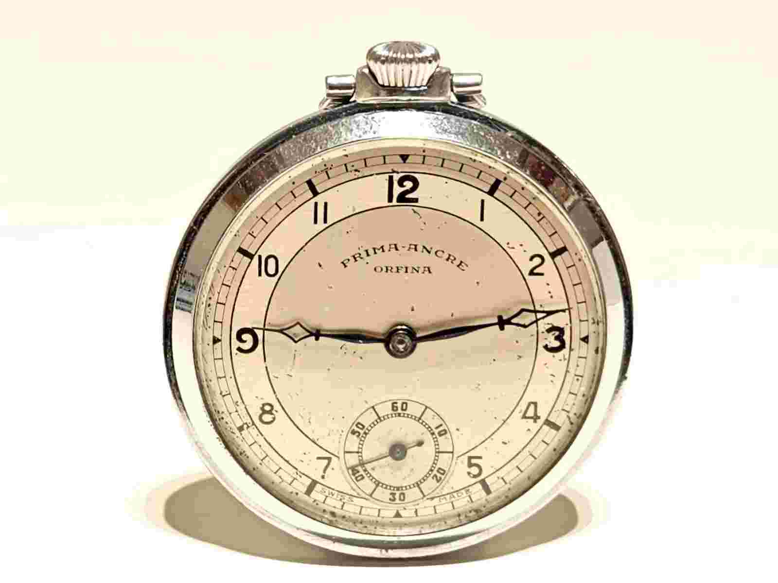 VINTAGE WW2 ERA PRIZE MEN'S SWISS OPEN FACE POCKET WATCH "ORFINA" PRIMA ANCRE