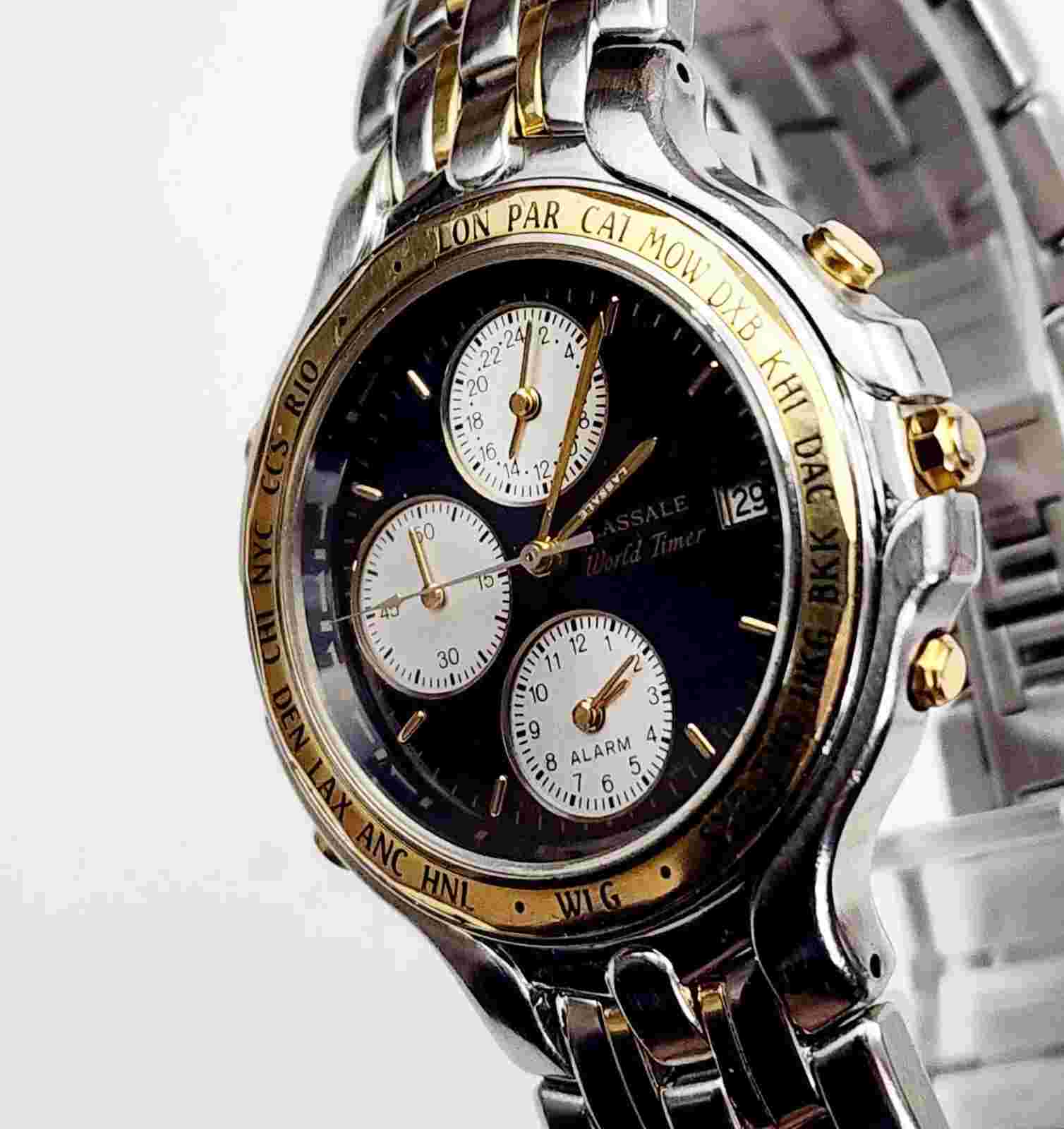 RARE Men Vintage 1995 ALARM Watch LASSALE World Timer 5T52-6B60. 18K Gold Bezel