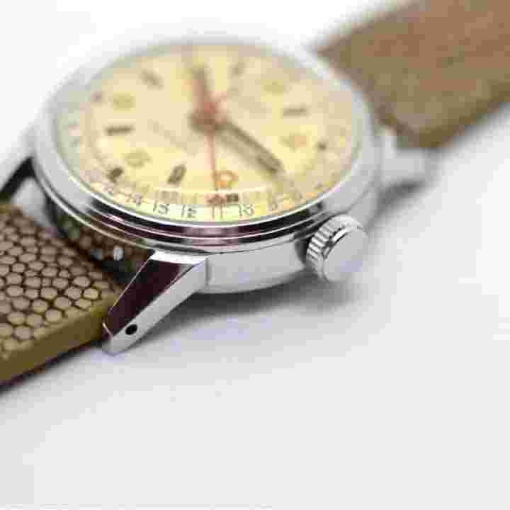ELOGA SWISS Pointer Date Leather Belt 1950s Antique Watch Used Excellent