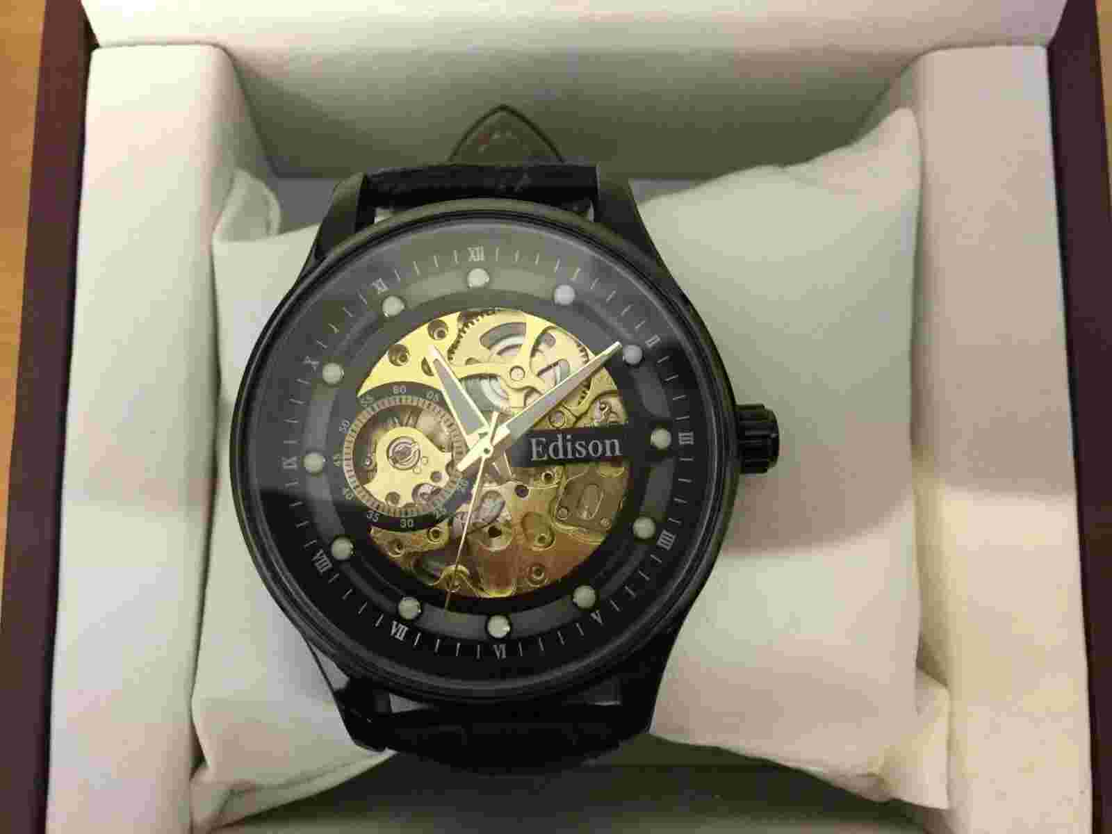 Edison Men's Automatic Moonphase Watch With Skeleton Dial & Black Leather Strap