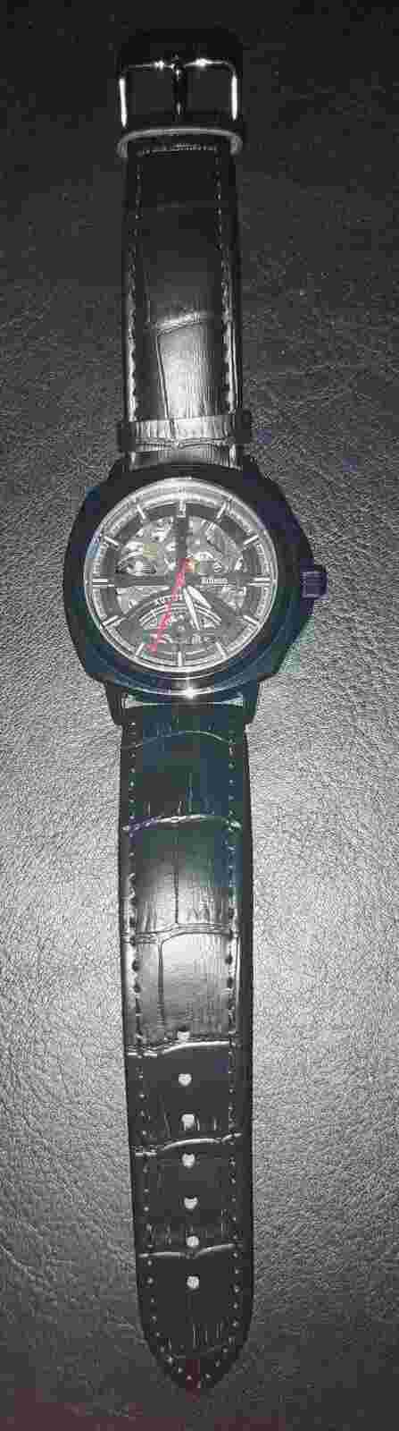 Eddison Automatic Movement Skeleton Dial Wristwatch with Black Leather Strap