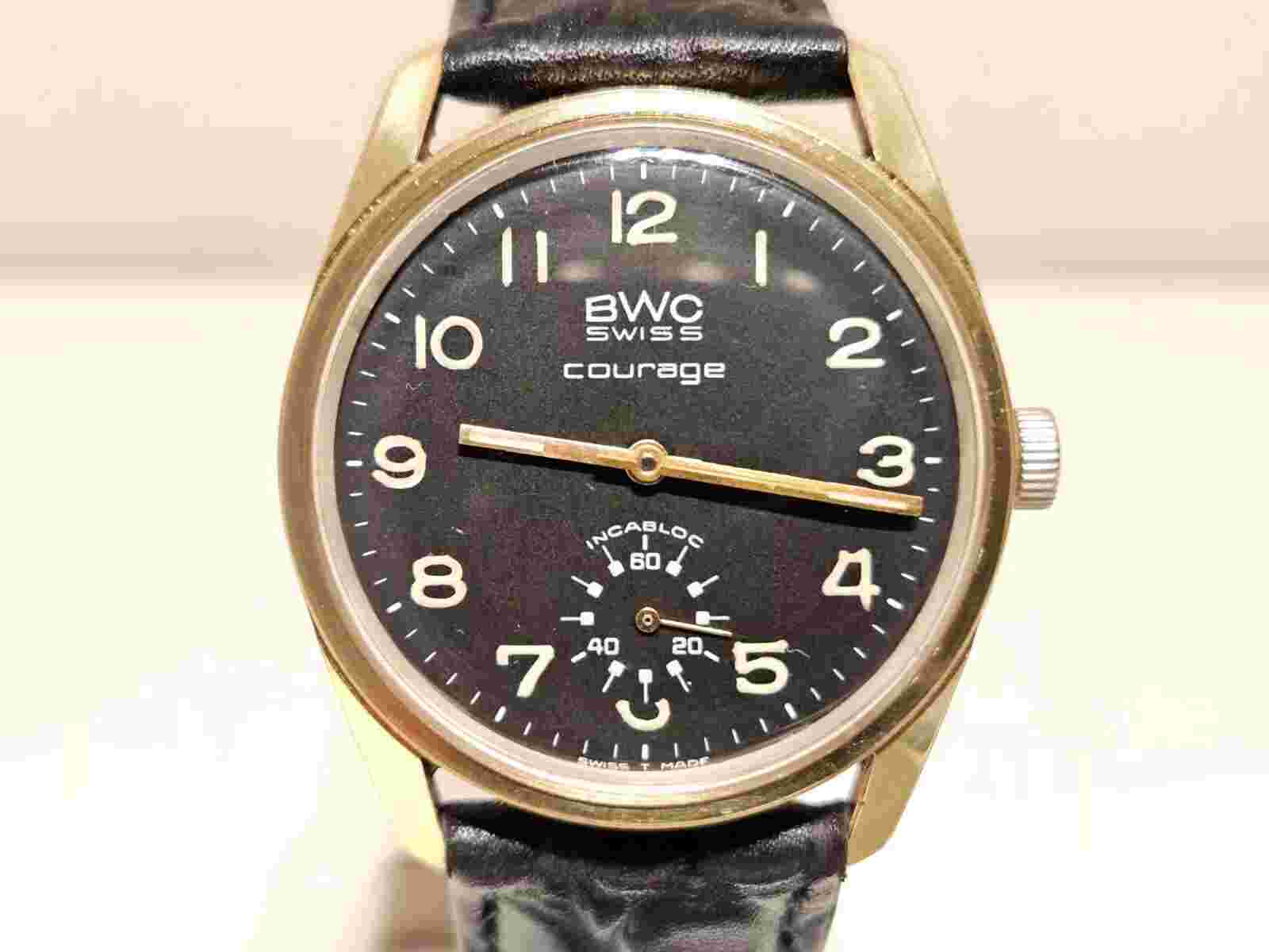 VINTAGE RARE 35mm LUXURY GOLD PLATED BLACK DIAL  SWISS MEN'S WATCH "BWC" COURAGE