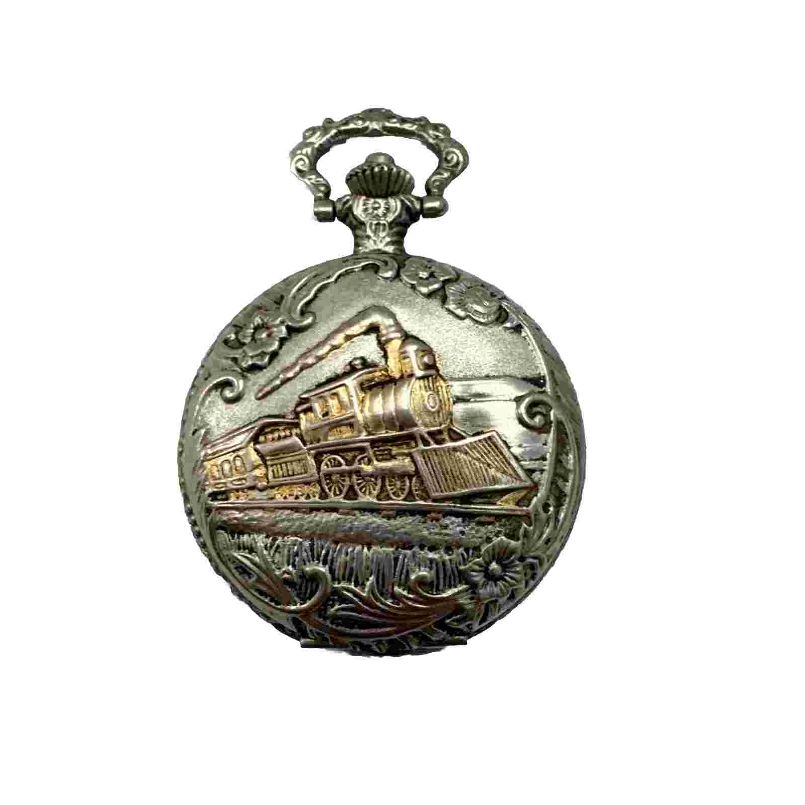 Pocket Watch It Gold/Silver Tone Locomotive Train W/Chain Japan Mov Quartz
