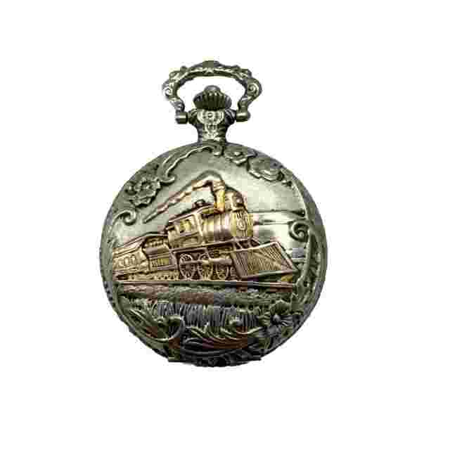 Pocket Watch It Gold/Silver Tone Locomotive Train W/Chain Japan Mov Quartz