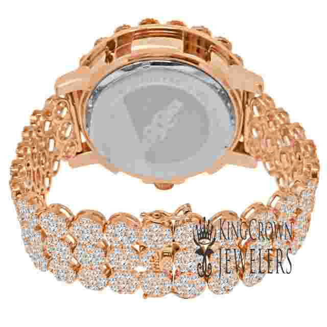 Roman Face Mens Khronos Watch Rose Gold Tone Lab Diamond Flower Bezel Band Watch