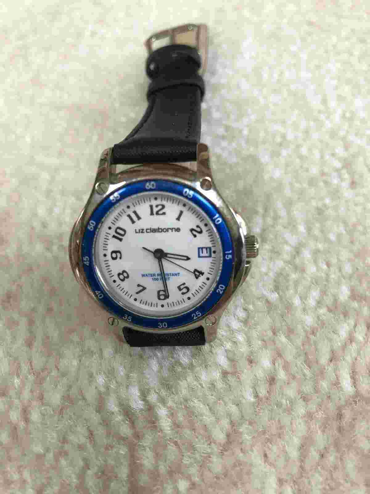 VINTAGE LIZ CLAIBORNE WATCH W/DATE & BLACK LEATHER BAND NWOT
