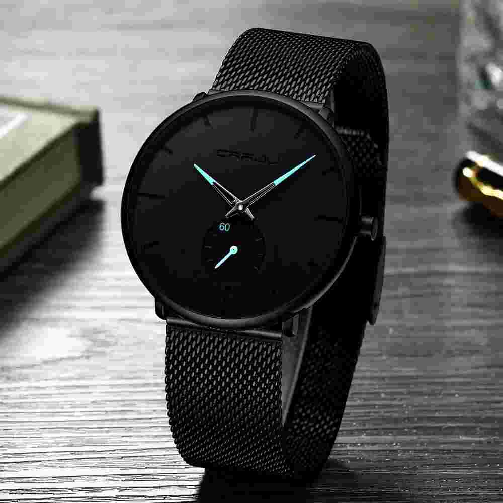 CRRJU Minimalist Men Watch (Blue Hands) Mesh Band