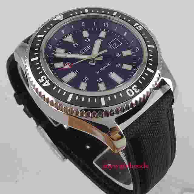44mm bliger black dial luminous date window leather strap Automatic mens Watch