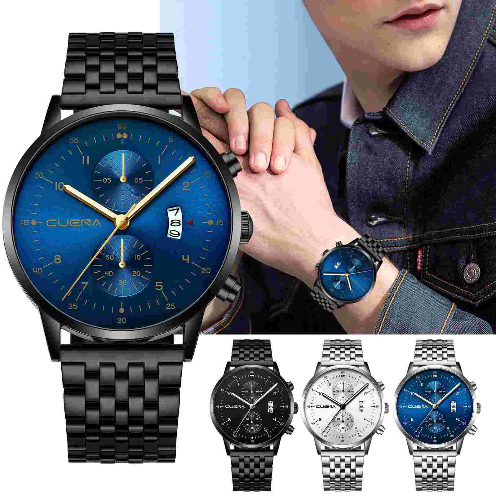 CUENA Men Business Luxury Quartz Watch Stainless Steel Sports Waterproof Watch