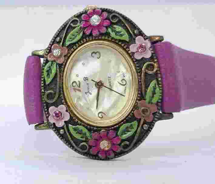 Women Jennie B Watch Gold Oval Case Purple Faux Leather Band Flowers In Bezel