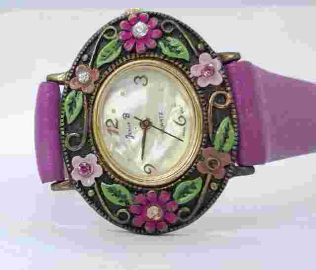 Women Jennie B Watch Gold Oval Case Purple Faux Leather Band Flowers In Bezel