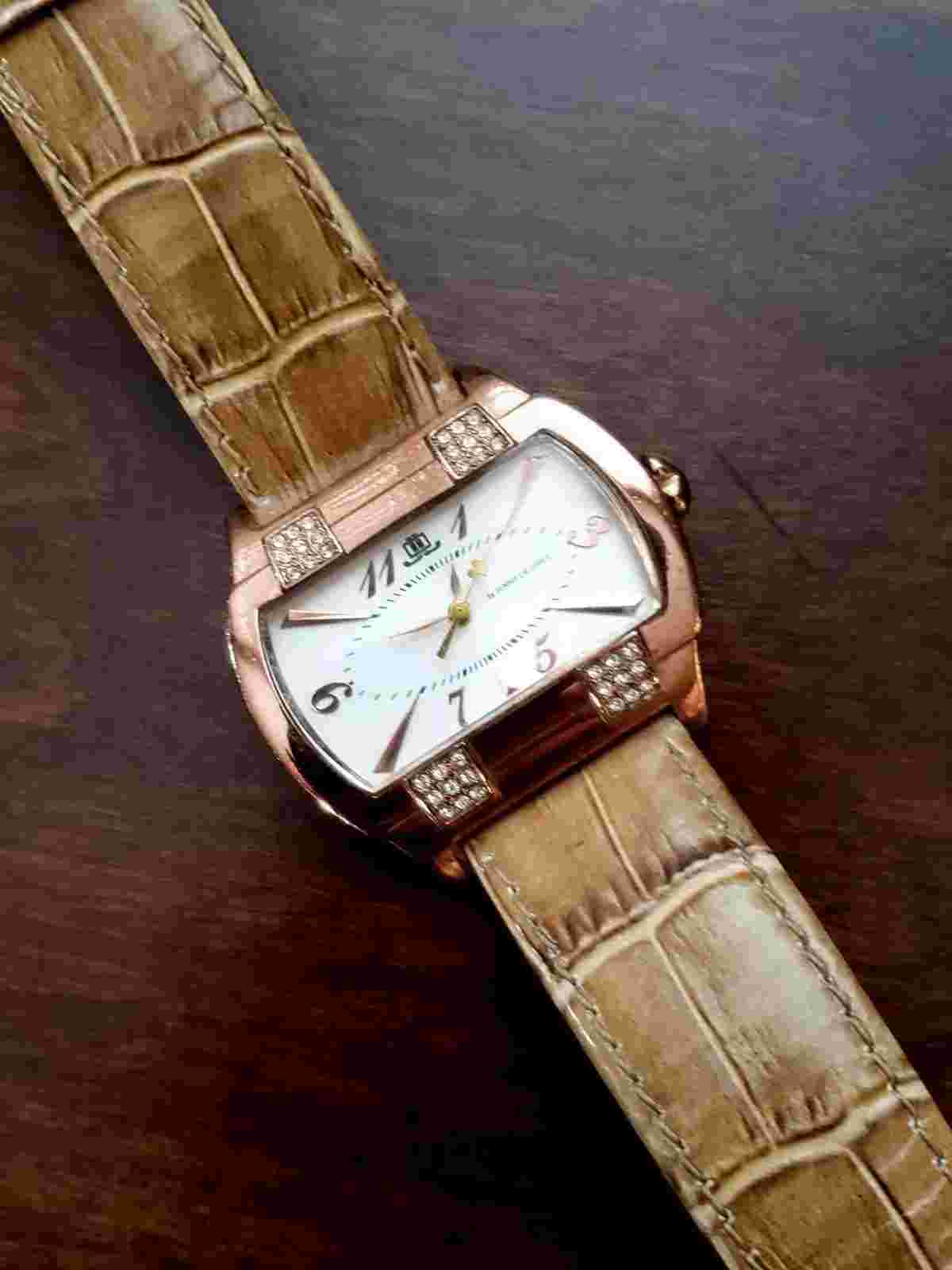 Jennifer Lopez Rose Gold Crystal Accent Rectangle Face Leather Band Women Watch