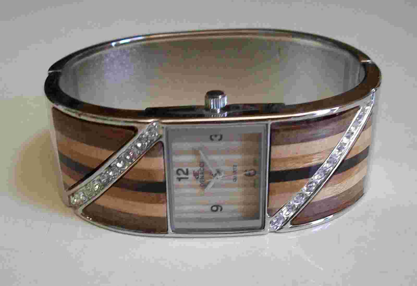 Women's dressy casual wear Rhinestones Silver finish fashion wood look watch