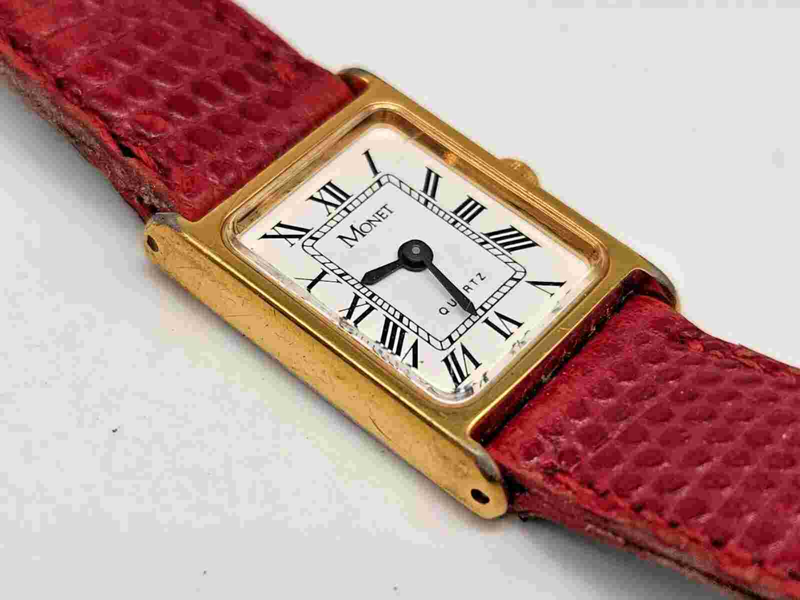 Rare MONET Tank GoldTone Women's Watch Red Lizard Leather Strap 17mm x 24.5mm