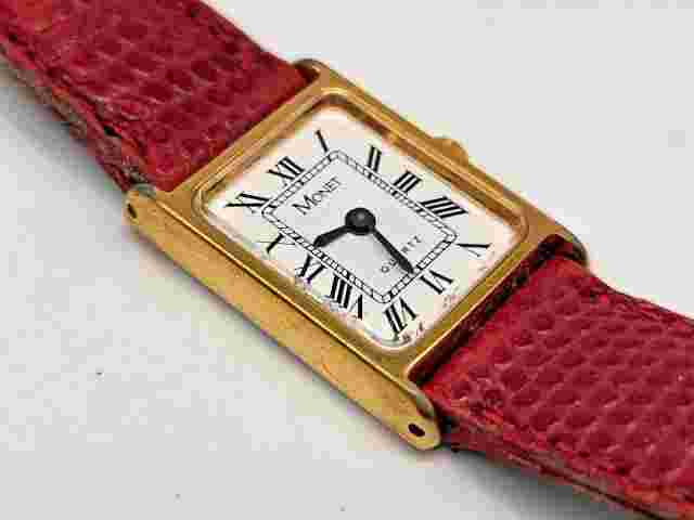 Rare MONET Tank GoldTone Women's Watch Red Lizard Leather Strap 17mm x 24.5mm
