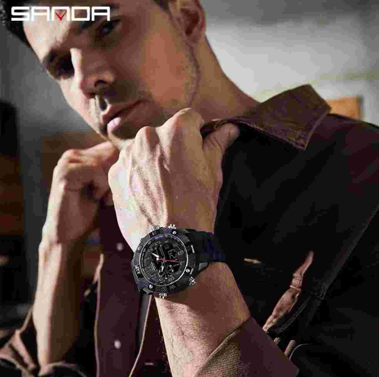 SANDA Black Top Men Watch LED Digital Stainless Steel Military Sport Waterproof