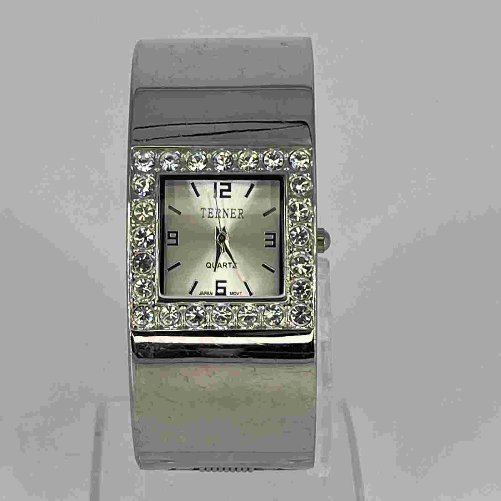 TERNER Women's Bangle Watch Silver Tone Cuff Rhinestone Accent NEW BATTERY RUNS!