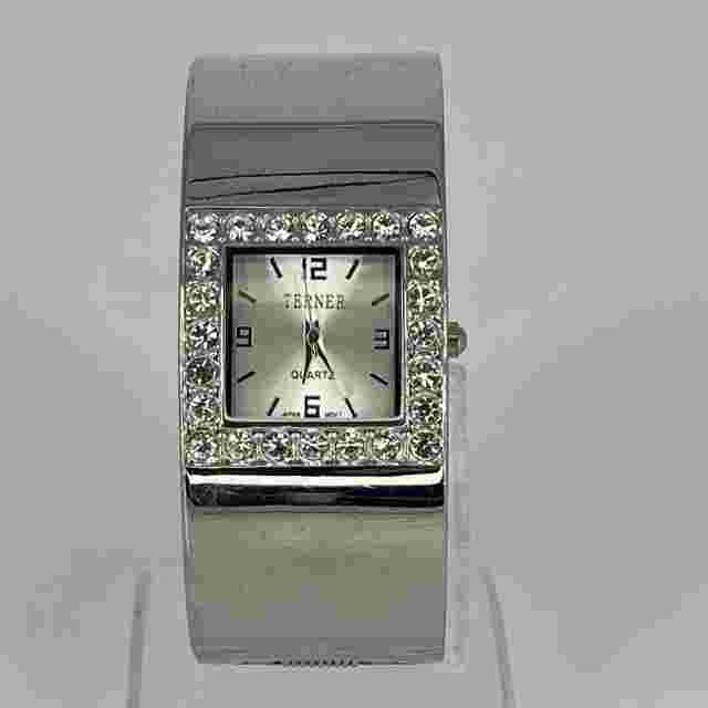 TERNER Women's Bangle Watch Silver Tone Cuff Rhinestone Accent NEW BATTERY RUNS!