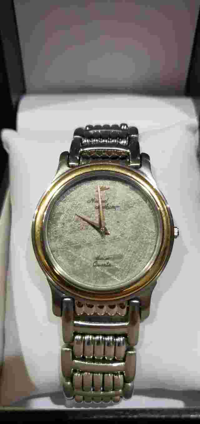 Rare Vintage Michael Anthony Meteorite Dial 14k Gold Bezel Quartz Mens Watch