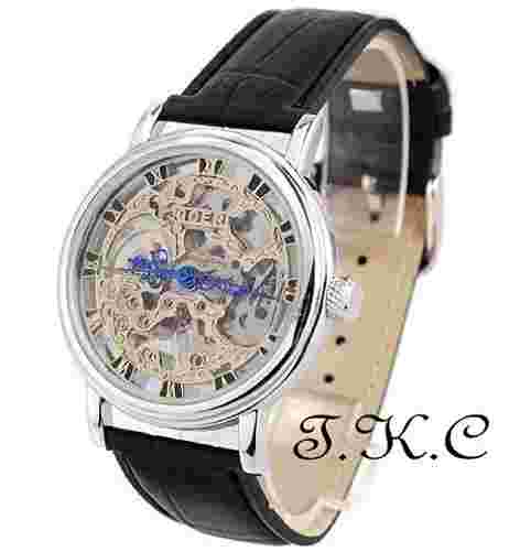Silver Heirloom Mechanical Wind-up Skeleton Steampunk Unisex Black Leather Watch