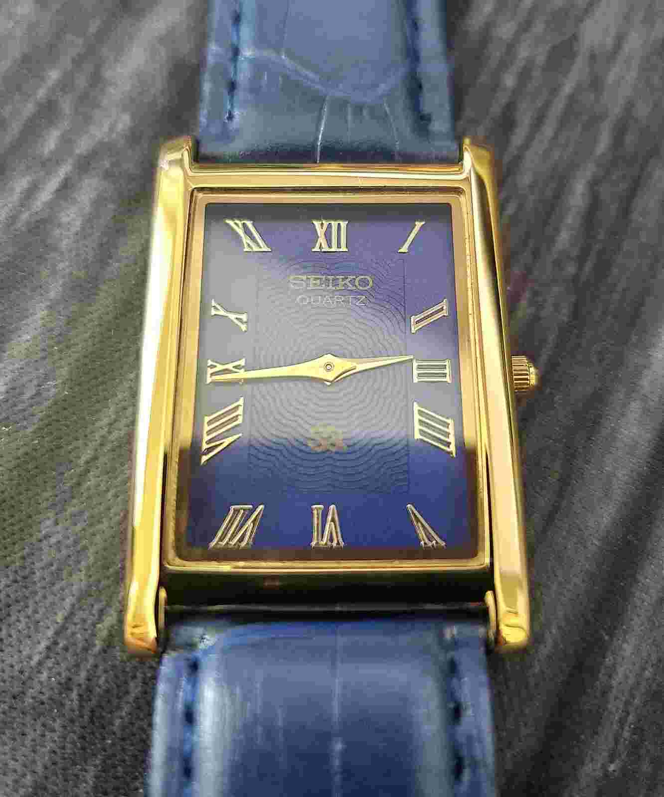 NOS Men's Gold Tank Rectangular Blue Dial Blue Leather New Mvt & Batt*