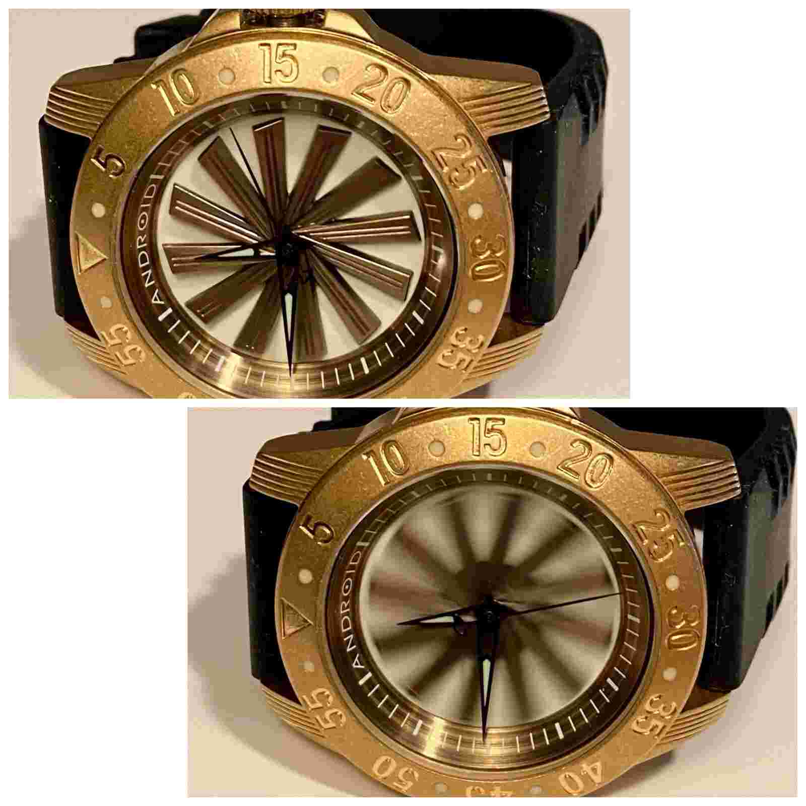 48mm Auto SPINNING Goldtone Blades Luminous Dial Black Strap ANDROID Mens Watch